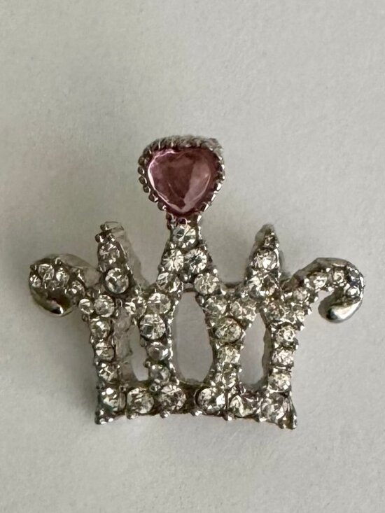 unknown Jewelry - Vintage Silver Tone Rhinestone Crown Brooch Pink Heart Crystal Pin, MINT!